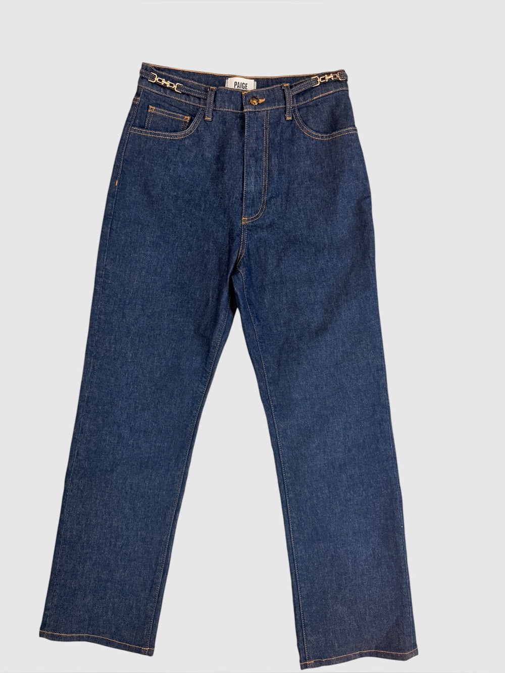 NWT Paige dark denim high rise jeans with gold chain belt detail